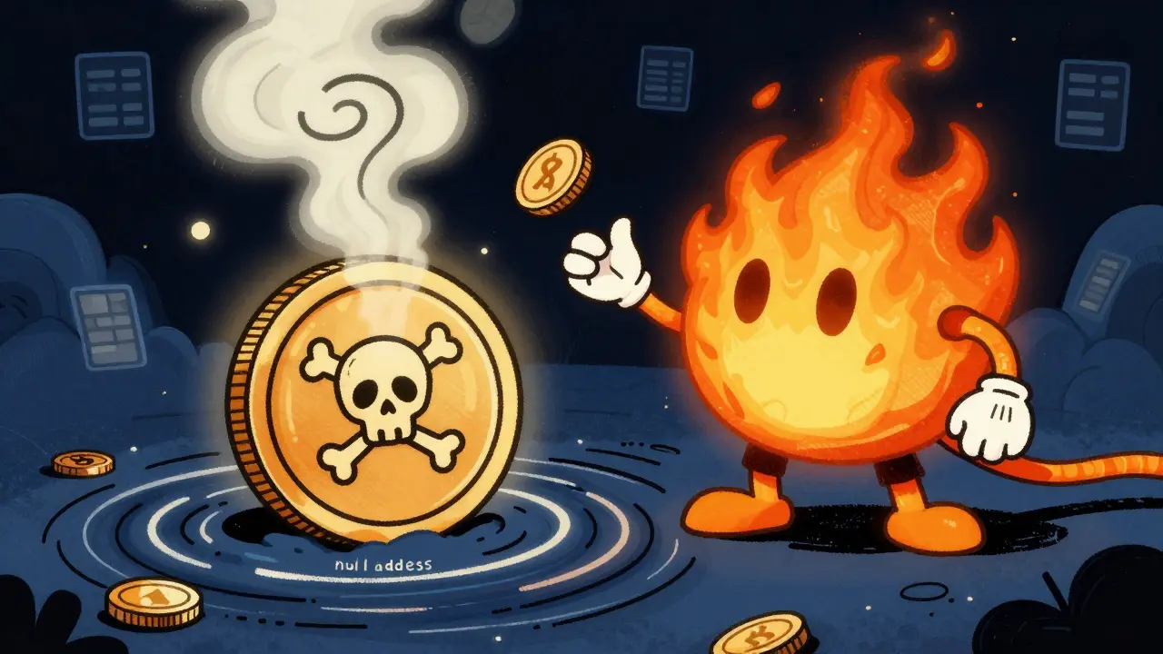 Animated fire demon throwing coins into a vortex pit to reduce supply