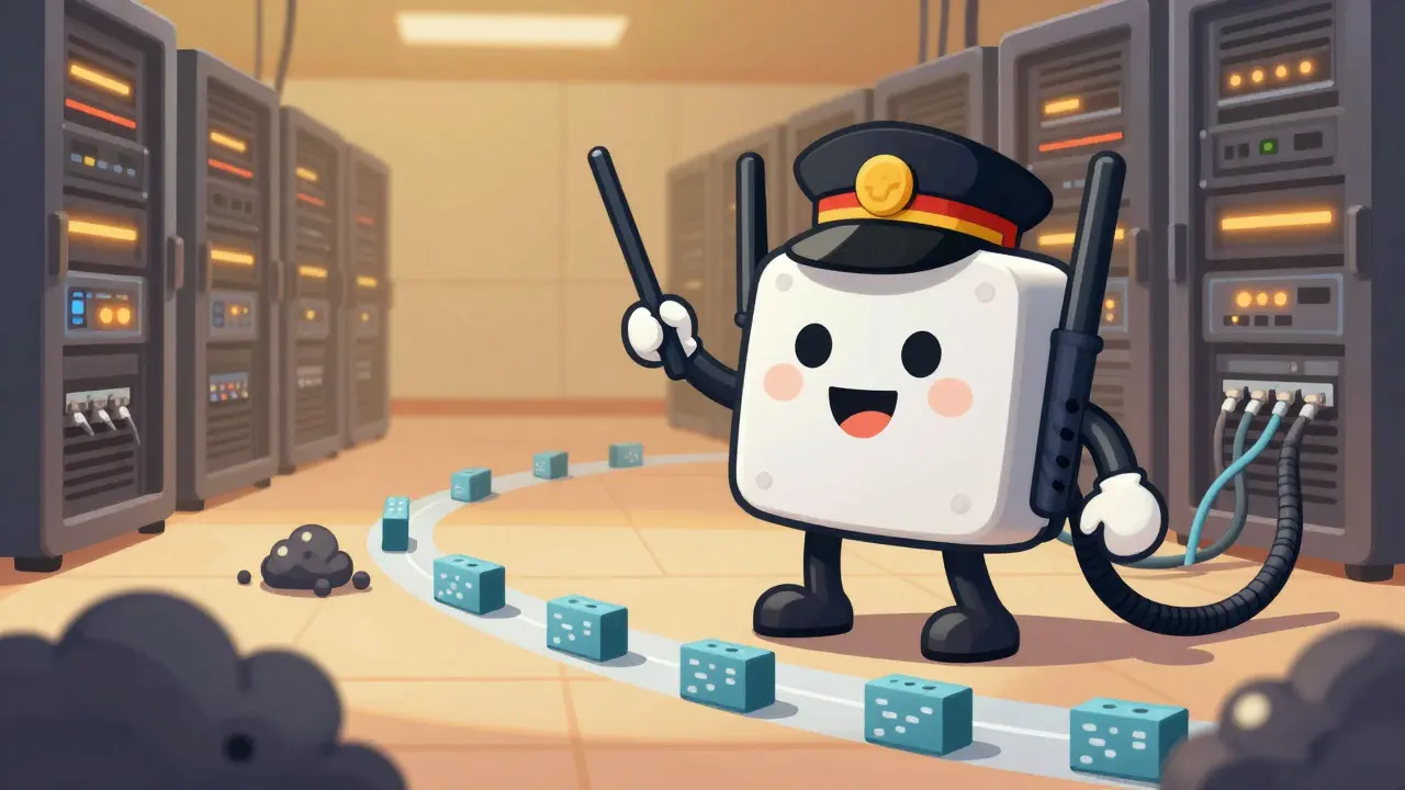 Animated router conductor prioritizing voice packets over other network traffic.