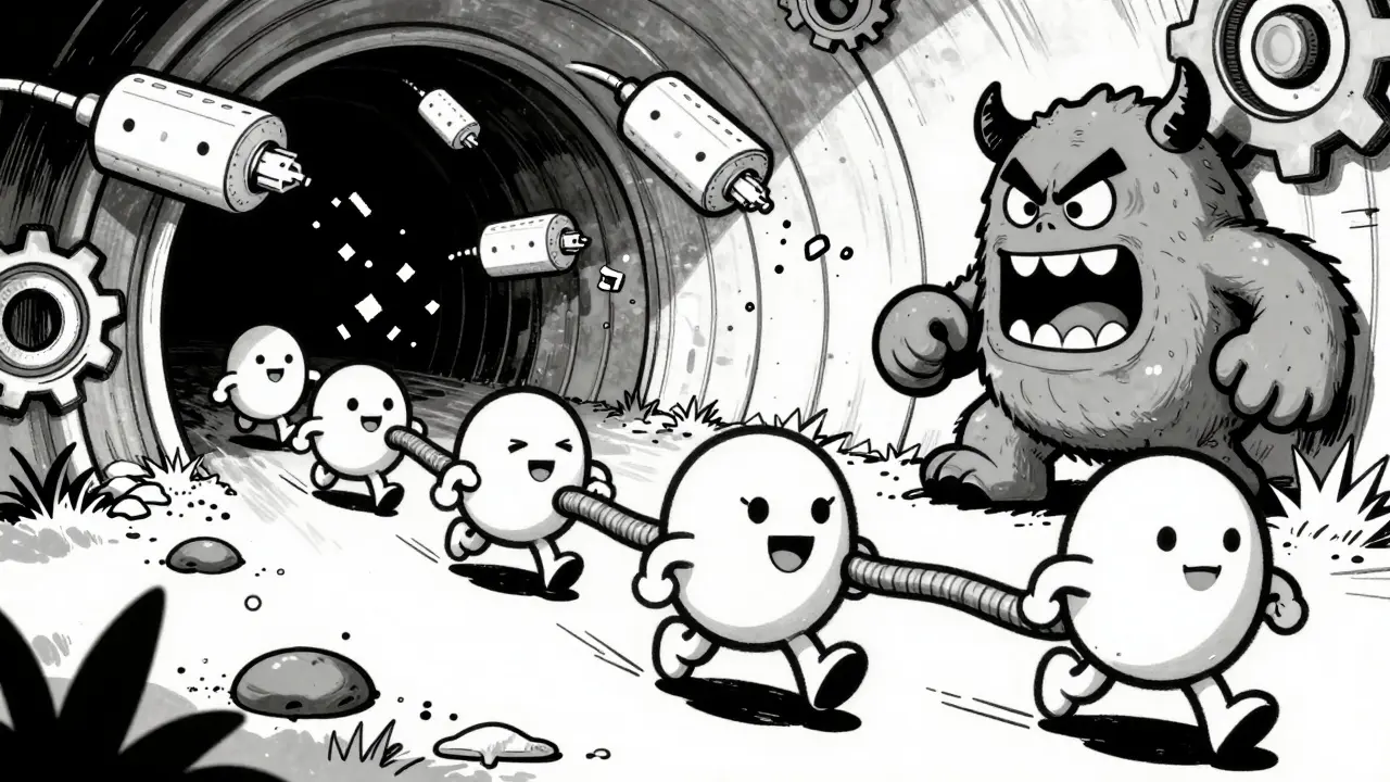 Anthropomorphic data packets struggling through a network tunnel