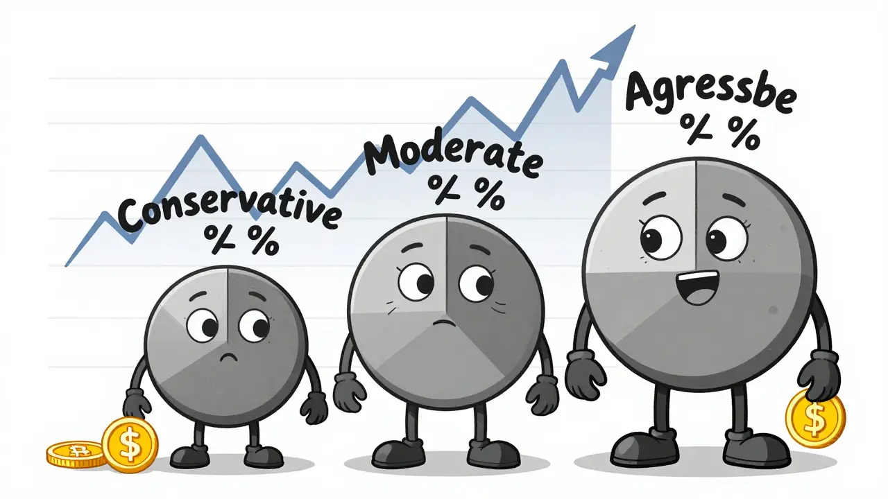 Anthropomorphic pie charts representing different risk profiles amidst volatile market lines.