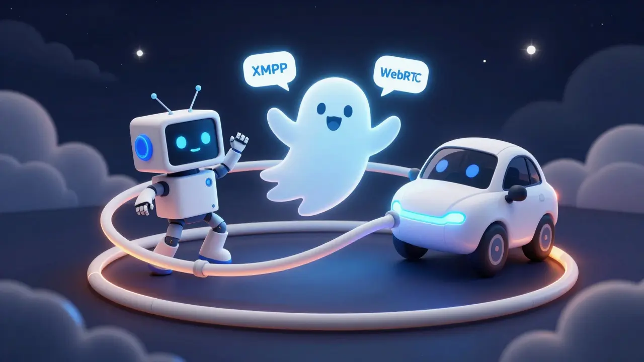 Anthropomorphic protocol bots dancing together connected by elastic glowing bands
