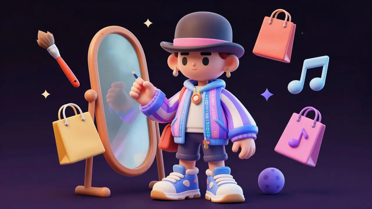 Avatar wearing stylish digital clothes surrounded by creative icons