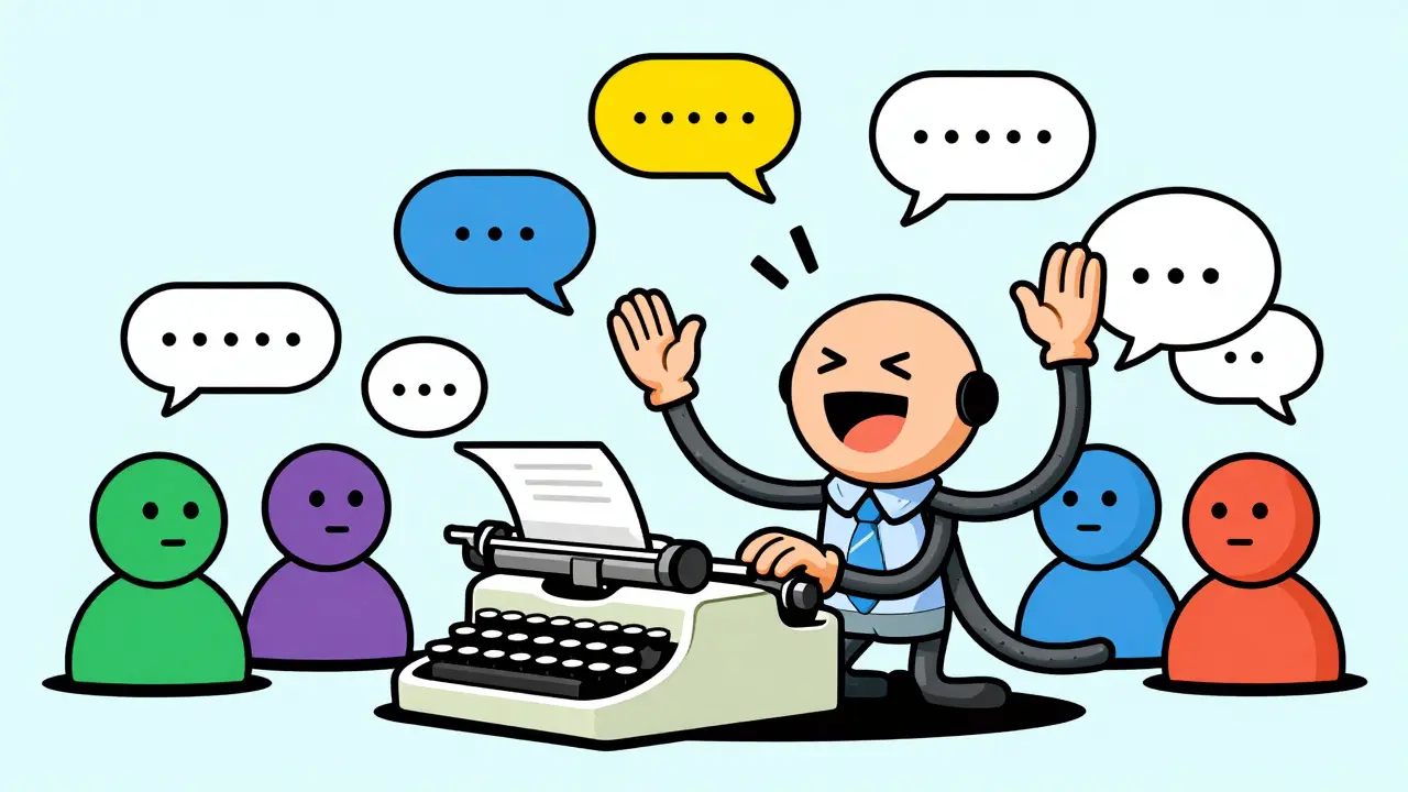 Cartoon agent juggling multiple chat conversations efficiently