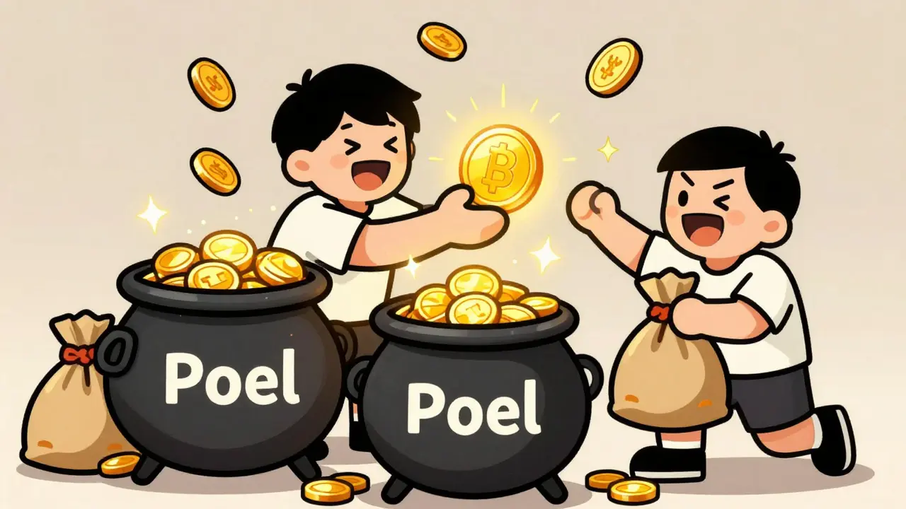 Cartoon characters exchanging tokens for pool rewards