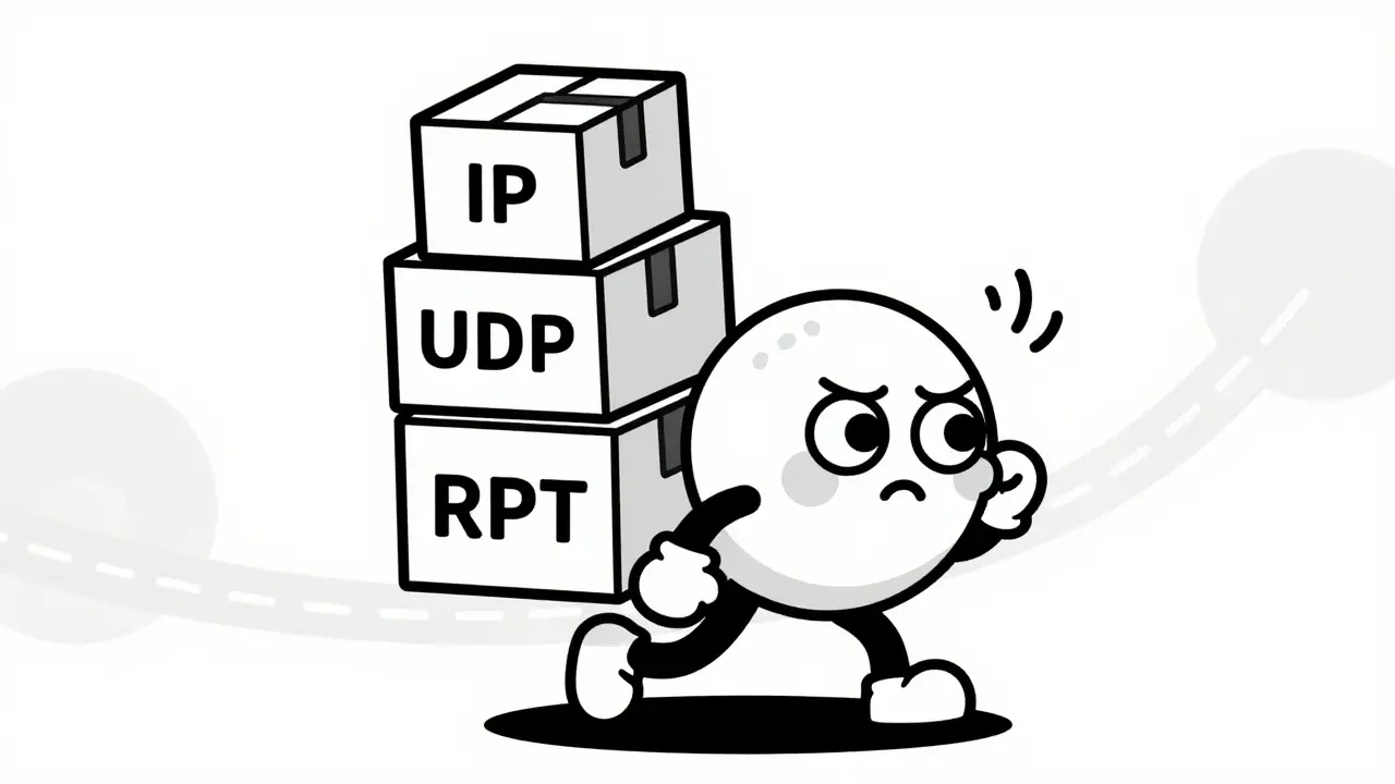 Cartoon data packet carrying heavy header boxes across network