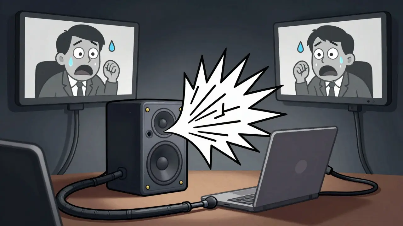 Cartoon hybrid meeting with chaotic audio feedback loops