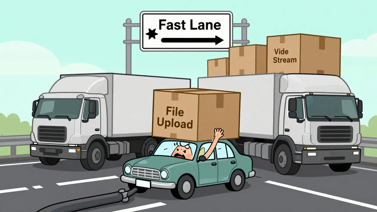 Cartoon illustration showing voice data stuck behind large file uploads on a digital highway.