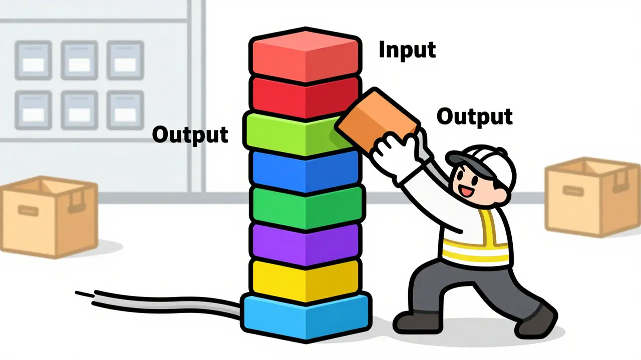 Cartoon mechanic manipulating a stack of blocks to illustrate LIFO data processing.