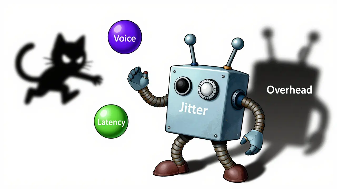 Cartoon router robot juggling voice data balls while avoiding overhead