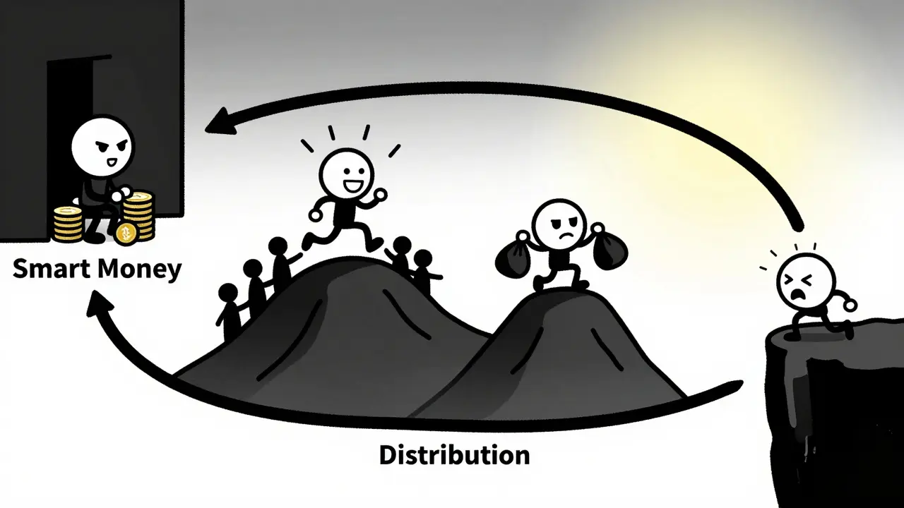 Four cartoon figures illustrating the stages of crypto market cycles
