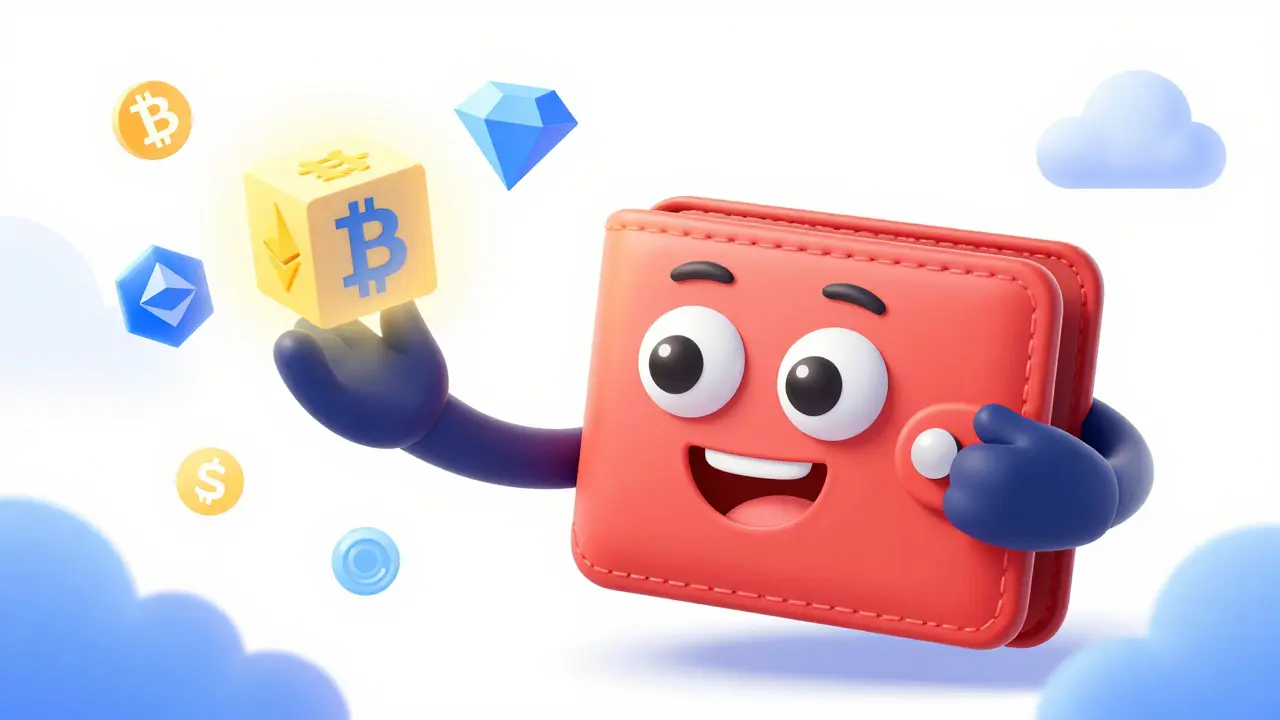 Friendly animated wallet holding assets from different blockchains easily