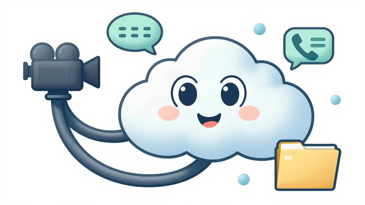 Friendly cloud character connecting video, chat, and phone icons in retro animation.