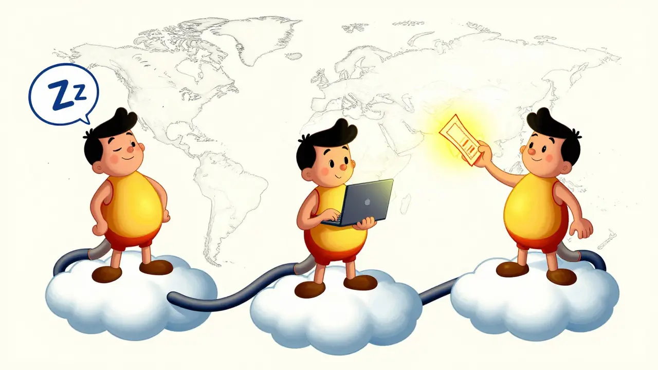 Global team members connected by flexible cables in cartoon style