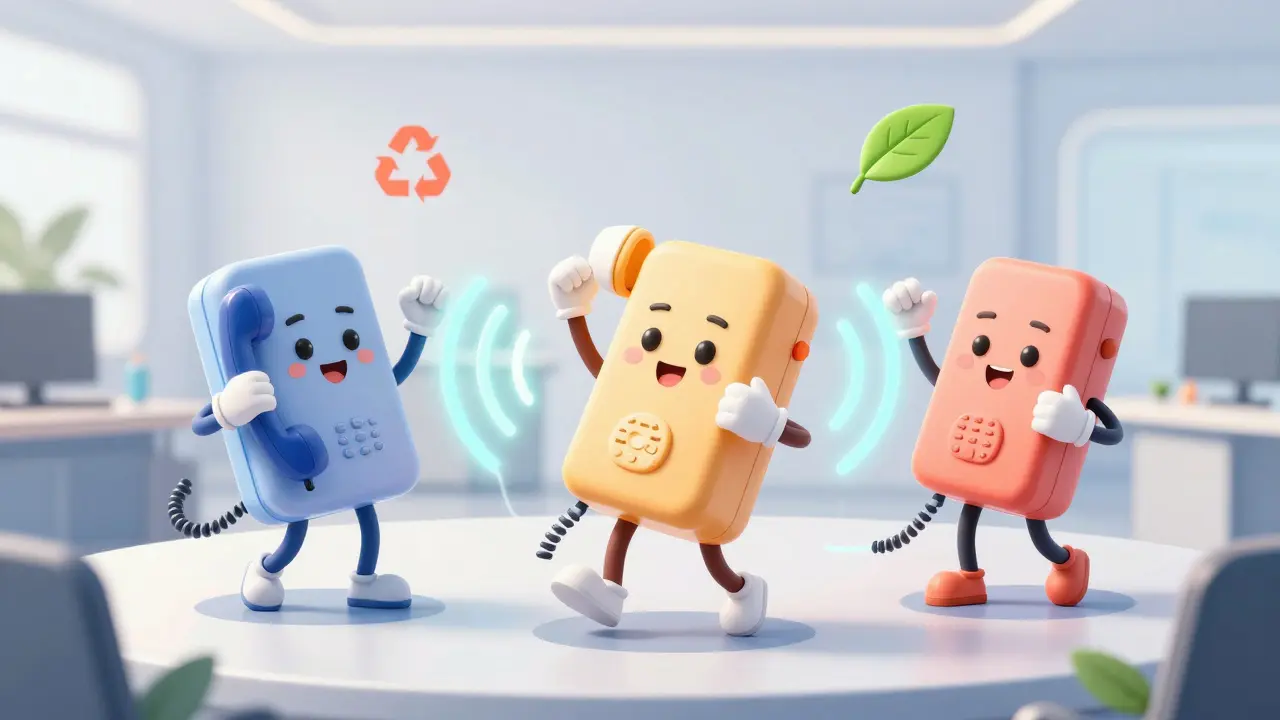 Happy phones dancing with connection lines and eco symbols
