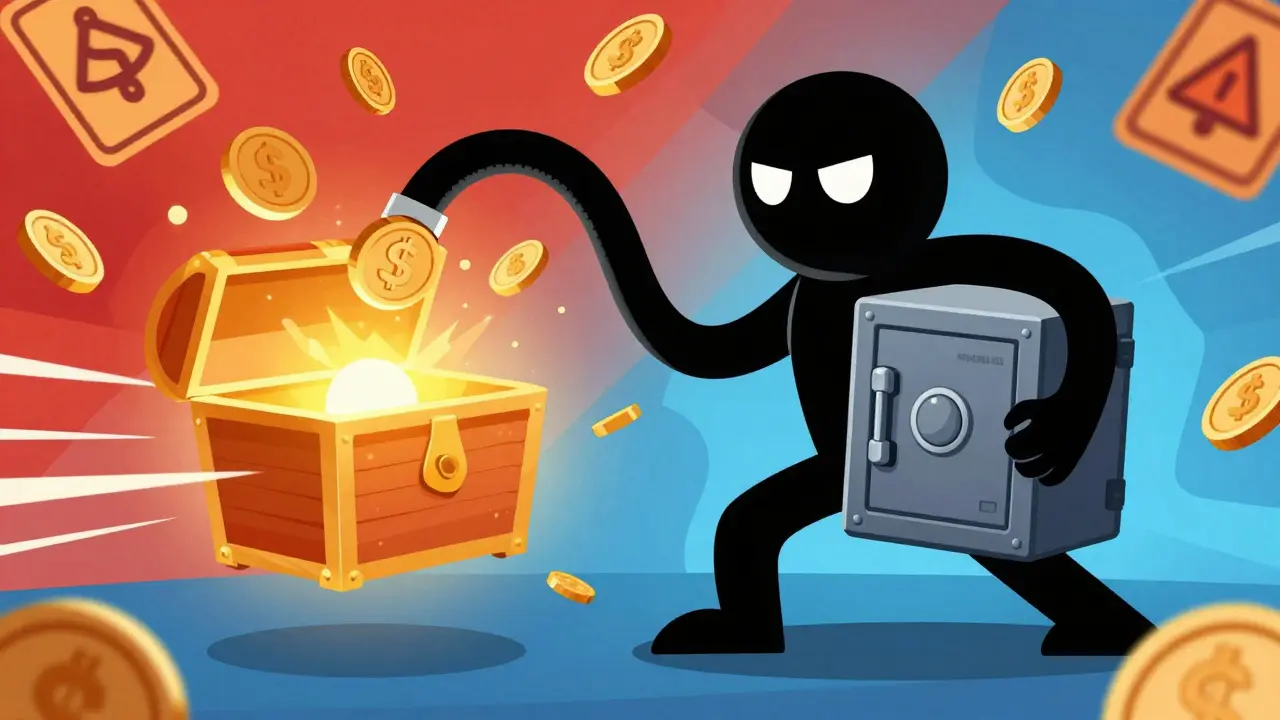 Hero protecting a treasure chest from a thief in a risky market