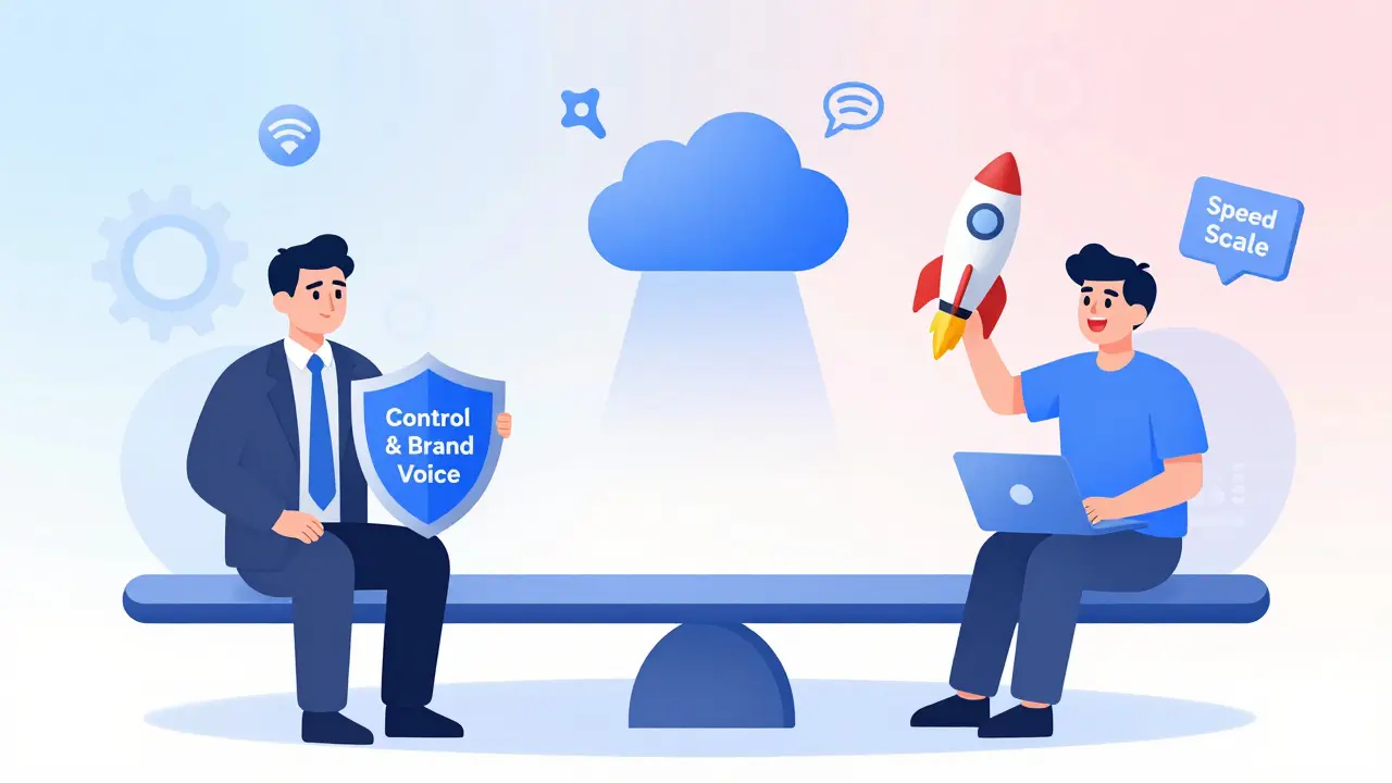 Illustration of a balanced hybrid model combining control and speed in customer service.