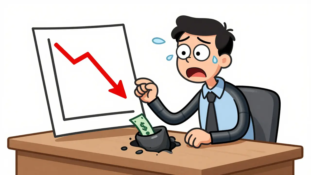 Panicked cartoon trader trying to stop money from leaking out of their pockets.