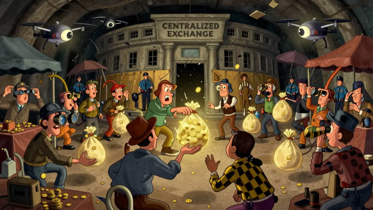 Quirky animated traders exchanging coins in an underground market while avoiding police scanners.
