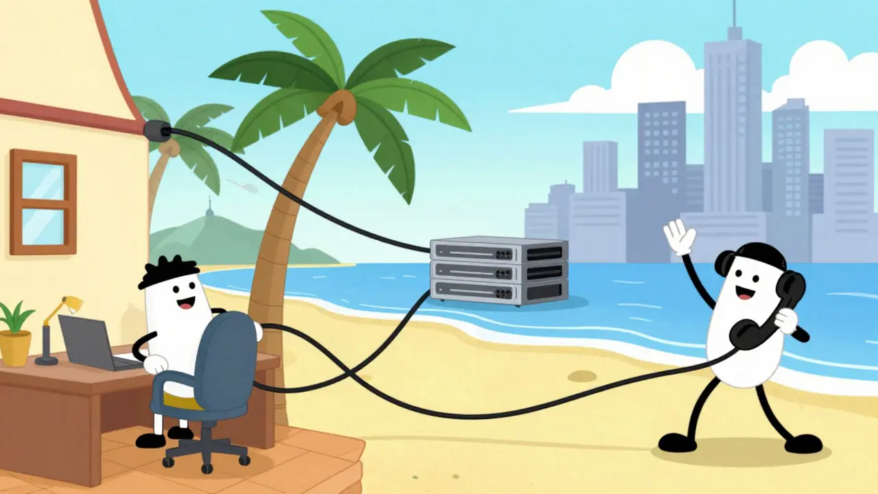 Remote workers connected by elastic phone cords in rubber hose animation
