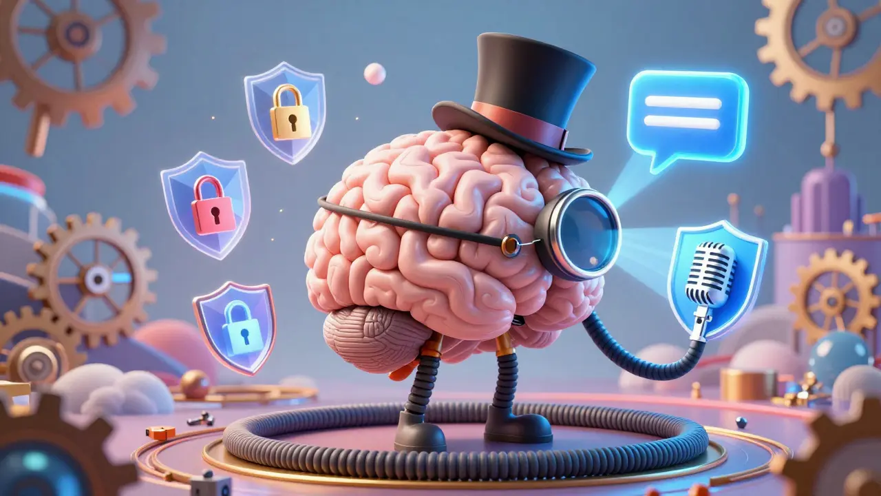 Retro AI brain connecting voice and chat with security icons