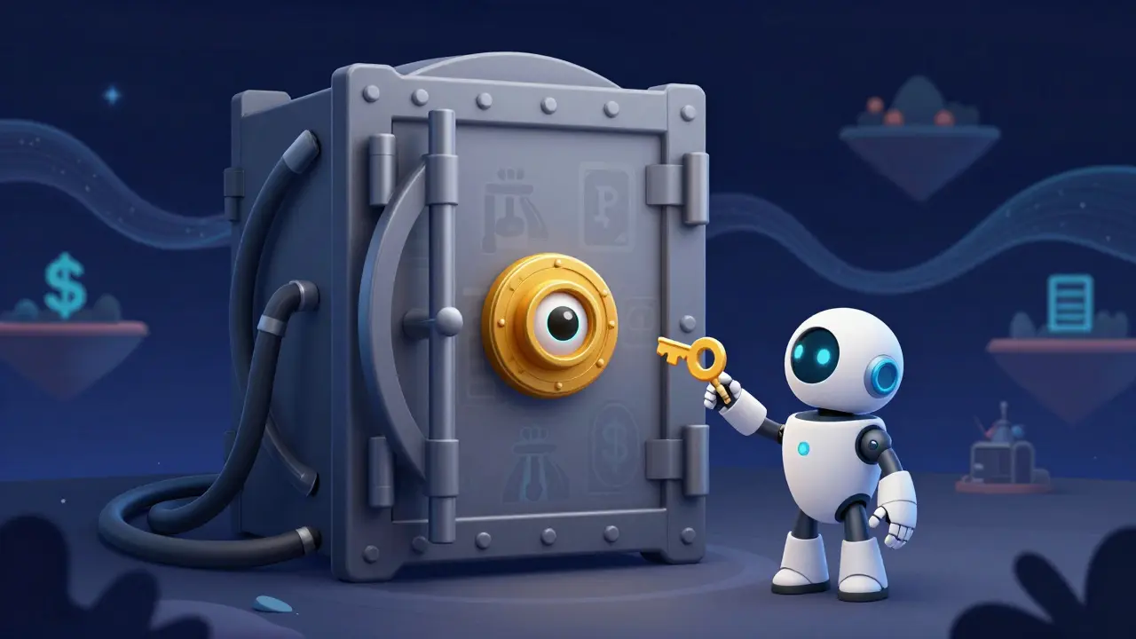 Retro style vault secured by a single key with data streams in background