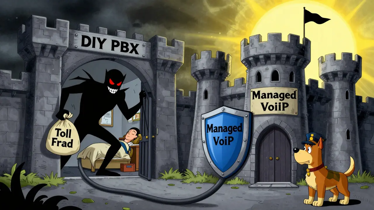 Security risks of DIY VoIP shown as villain attacking unguarded system