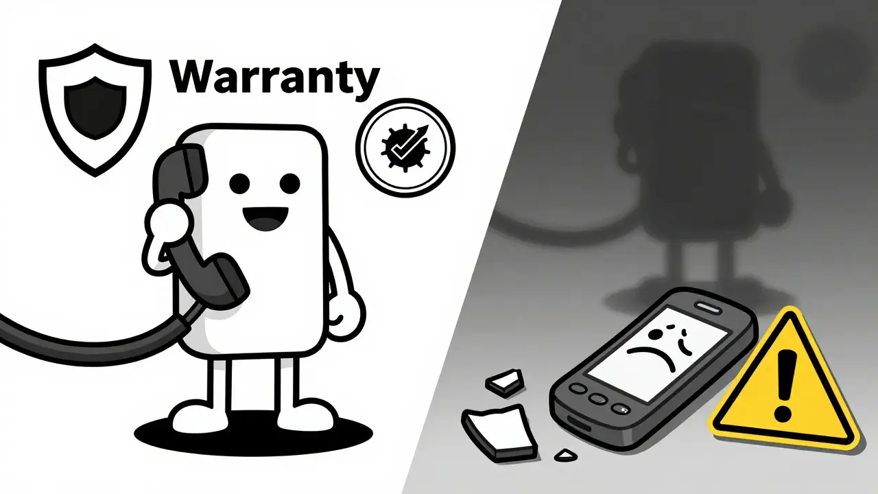 Split scene showing safe warranty vs risky broken phone