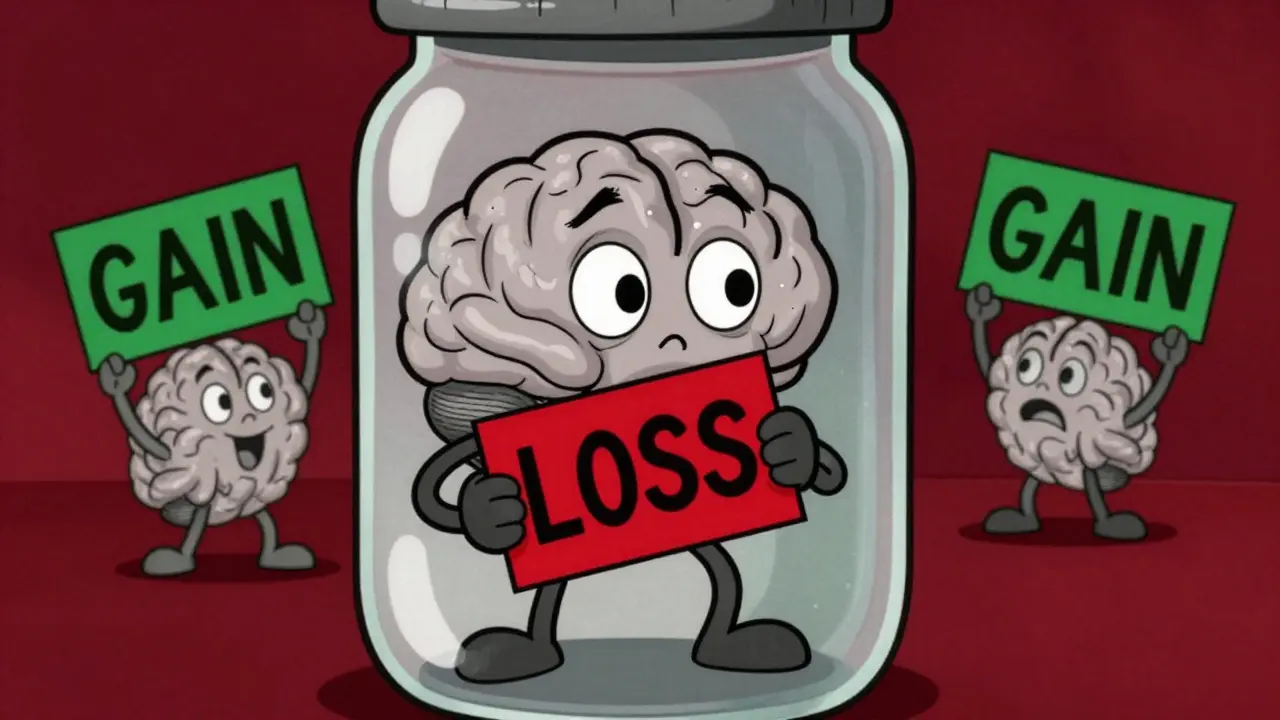 Stylized brain character clutching a red loss sign in fear, ignoring a gain sign.