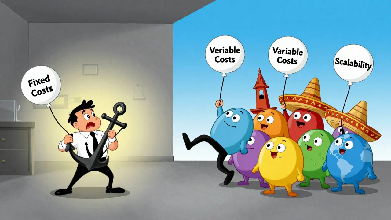 Stylized cartoon showing cost savings and scalability benefits of outsourcing support.