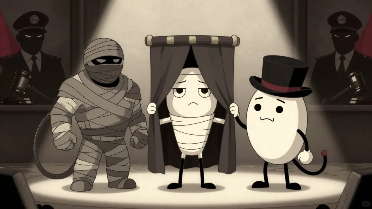 Three cartoon characters representing Monero, Zcash, and Dash standing before stern regulators.