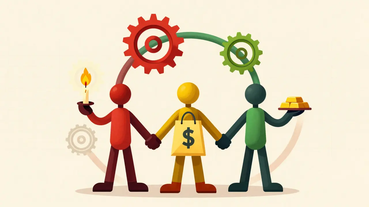 Three cartoon figures holding hands in a circle with gears around them