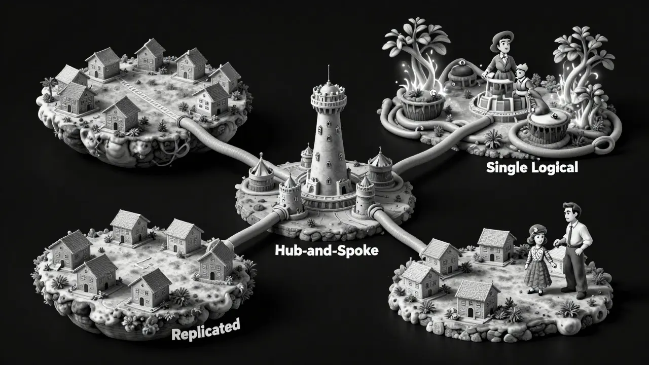 Three models of chain connectivity illustrated in vintage cartoon style