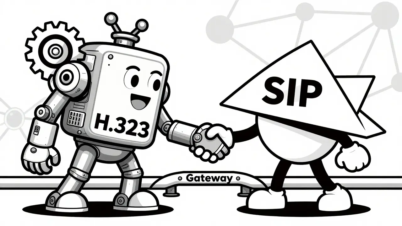 Two cartoon figures, one complex and one simple, shaking hands over a network gateway bridge.