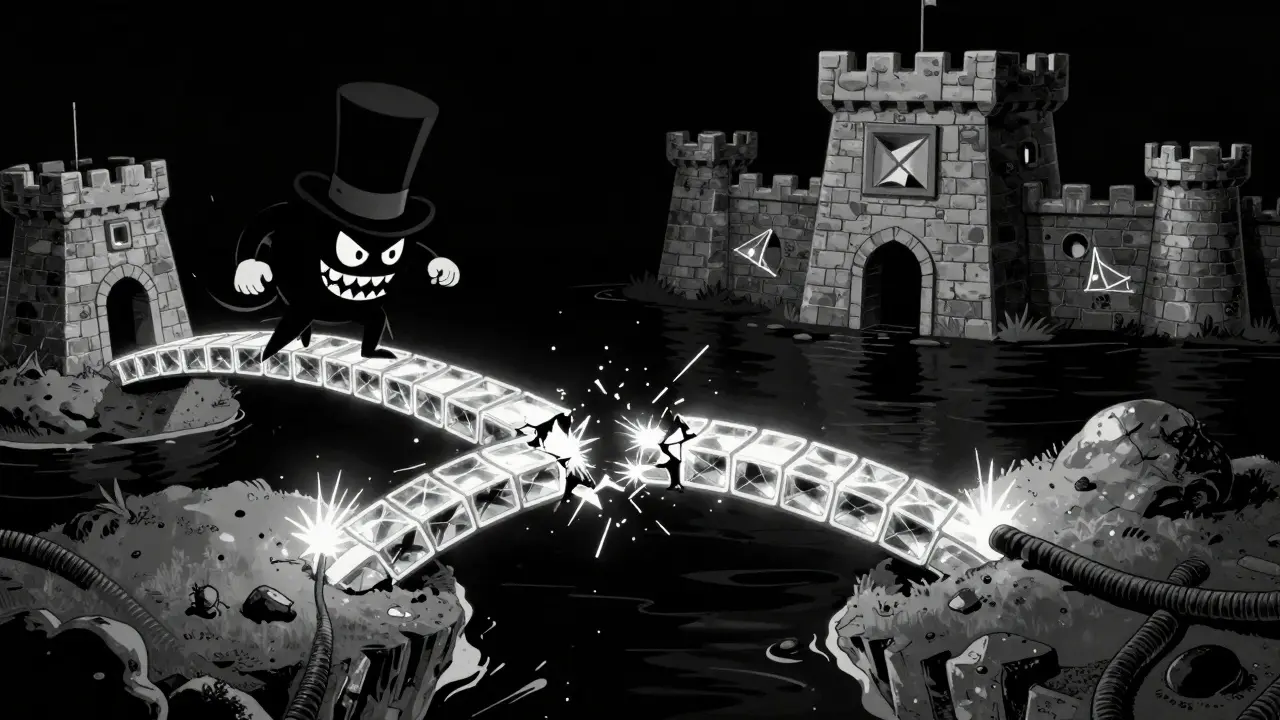 Villain breaking a fragile bridge between blockchain islands