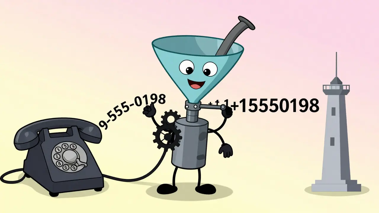 Vintage cartoon machine translating phone numbers