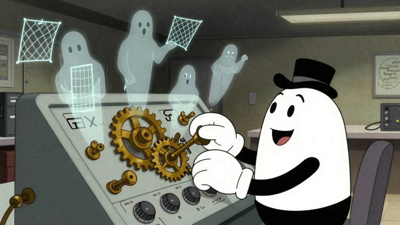 Vintage style IT admin configuring call filtering gears