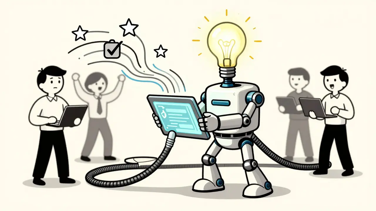 Whimsical AI robot assistant helping workers with data in 1930s cartoon style.
