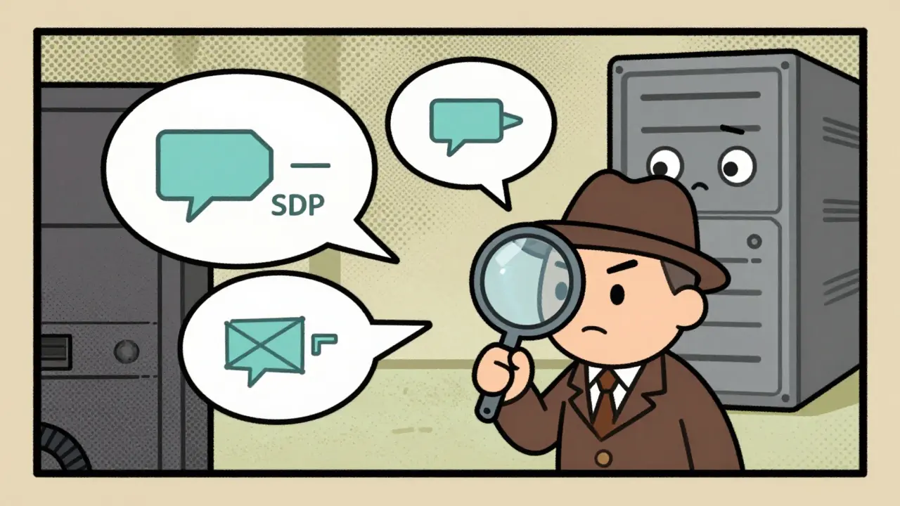 A cartoon detective inspecting abstract data packets in a server room.