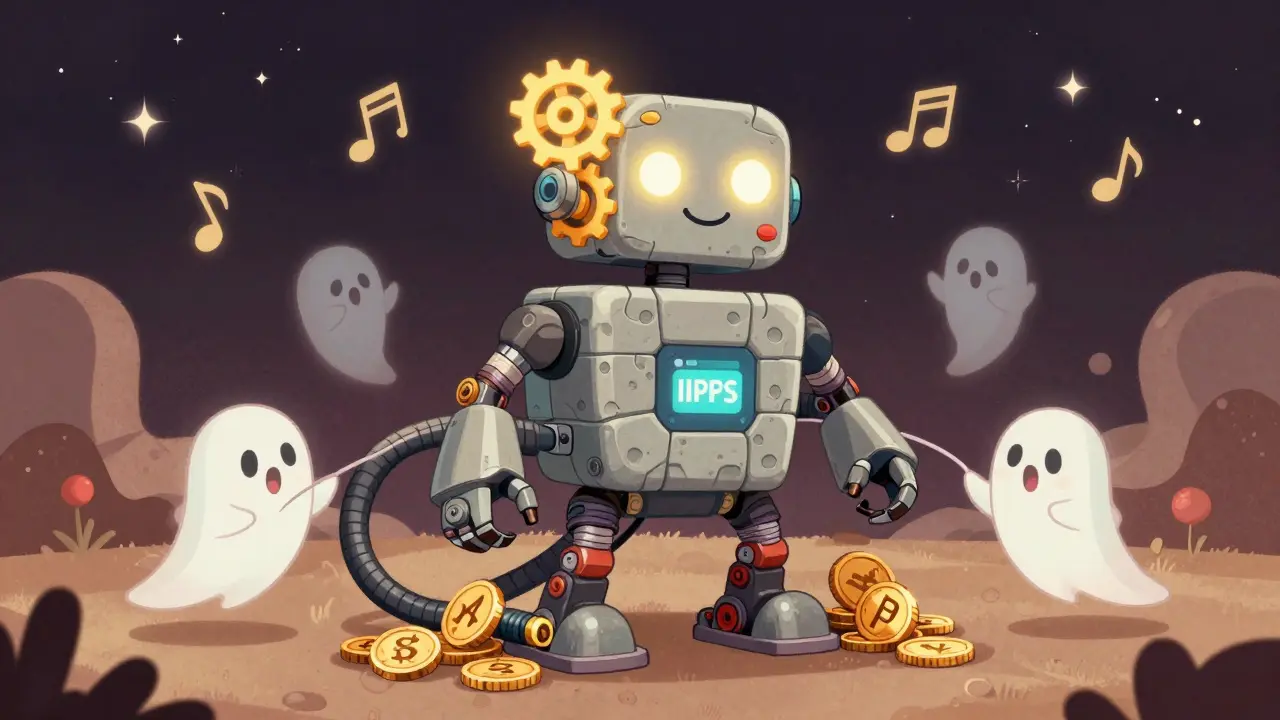 A mechanical robot built from IPFS, Arweave, and Filecoin elements resisting ghostly hackers.