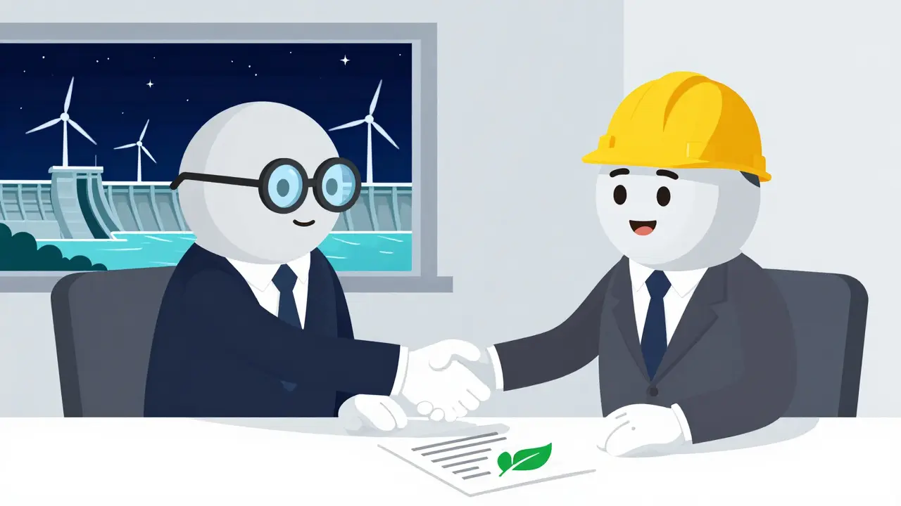 Animated investors and miners shaking hands on green deal
