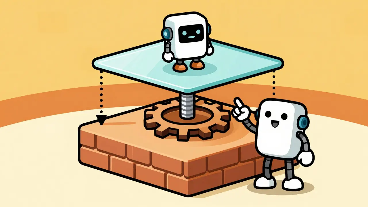 Animated robot pointing at three stacked platforms representing dApp layers