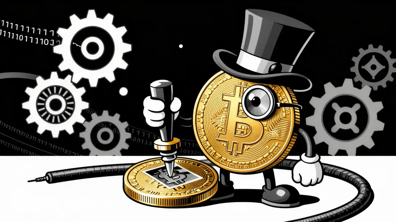 Anthropomorphic Bitcoin coin stamping an image directly onto itself
