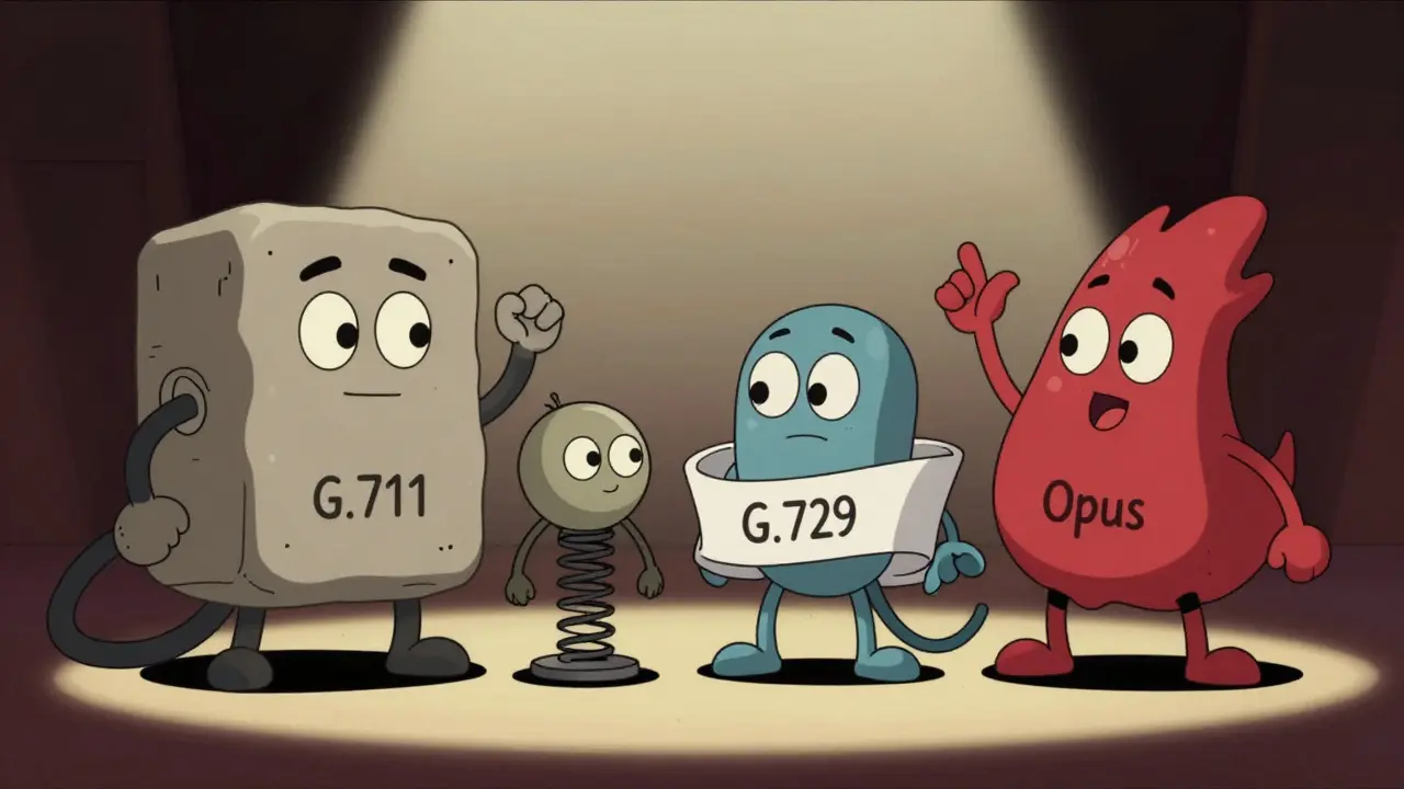 Anthropomorphic codec characters showing bandwidth vs quality traits.