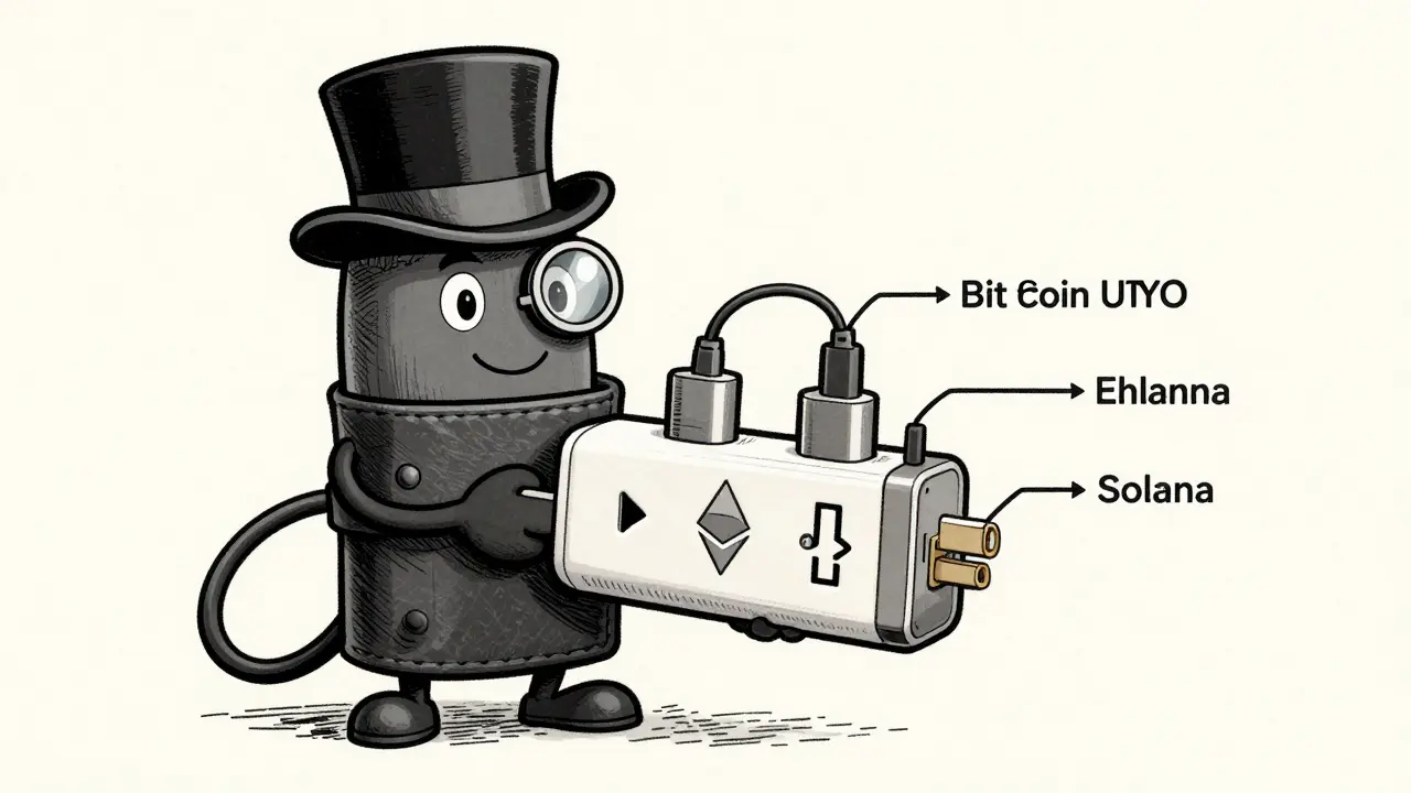 Anthropomorphic wallet using a travel adapter to connect multiple blockchain networks.