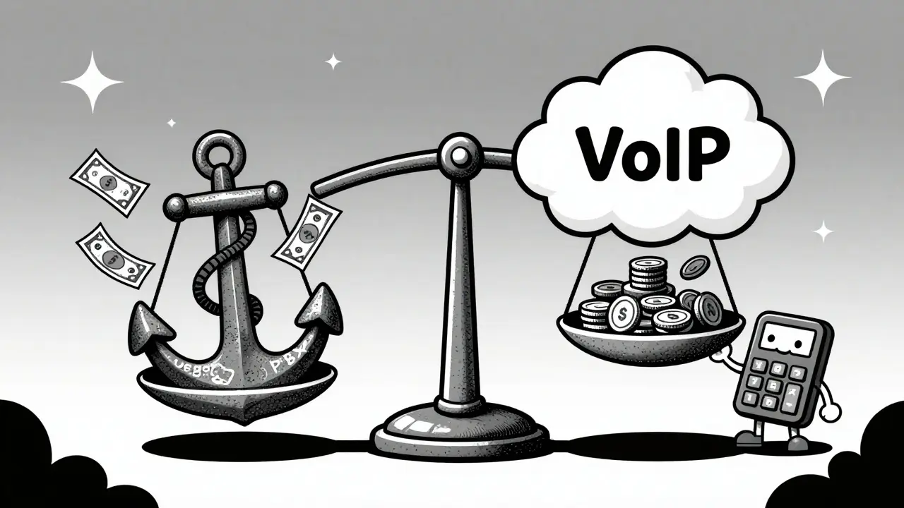 Black and white cartoon scale comparing legacy PBX vs VoIP costs