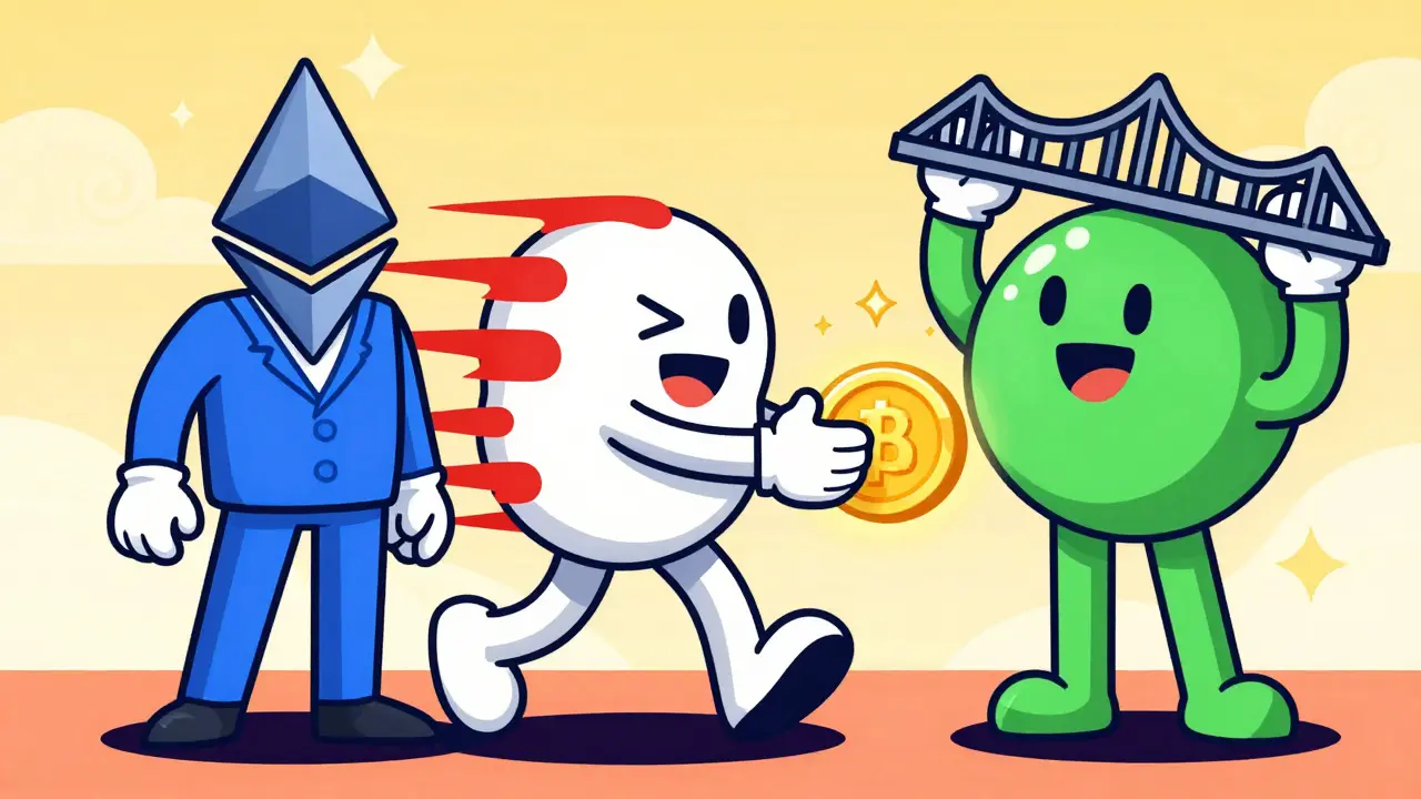 Cartoon characters representing different blockchains shaking hands together
