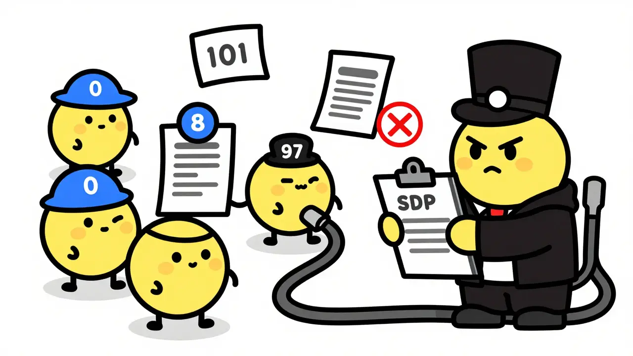 Cartoon data packets being checked by a gatekeeper in rubber hose animation