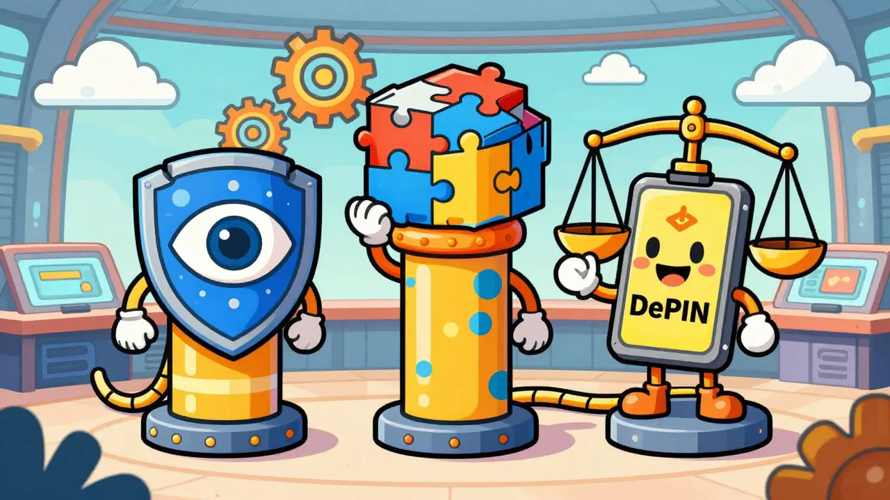 Cartoon pillars representing identity, storage, and DePIN helping a phone