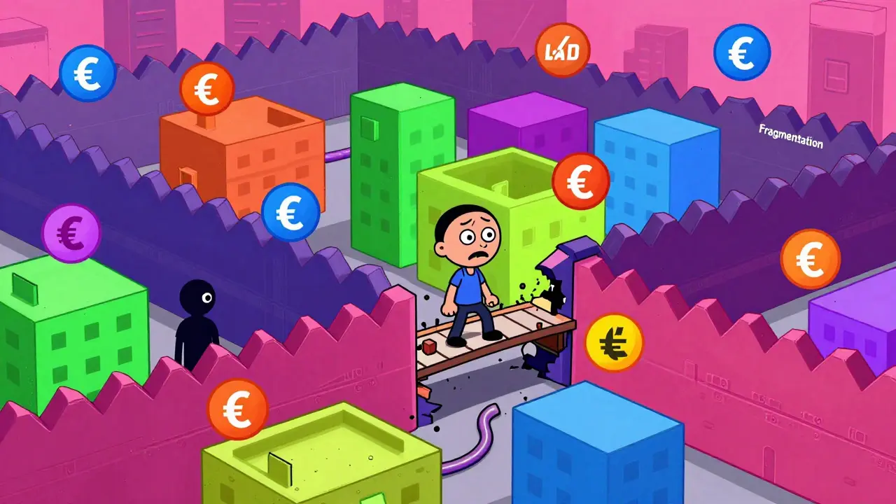Character struggling to cross fragmented crypto neighborhoods in rubber hose art
