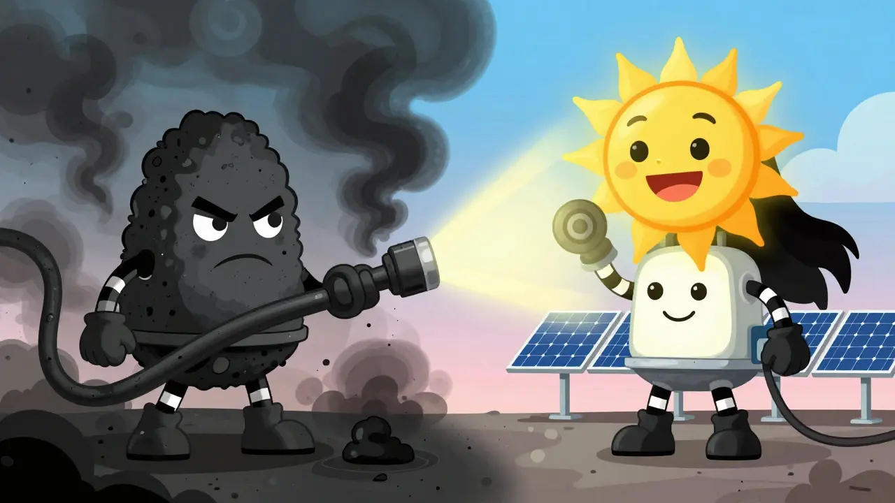 Coal vs Sun characters powering cartoon mining rigs